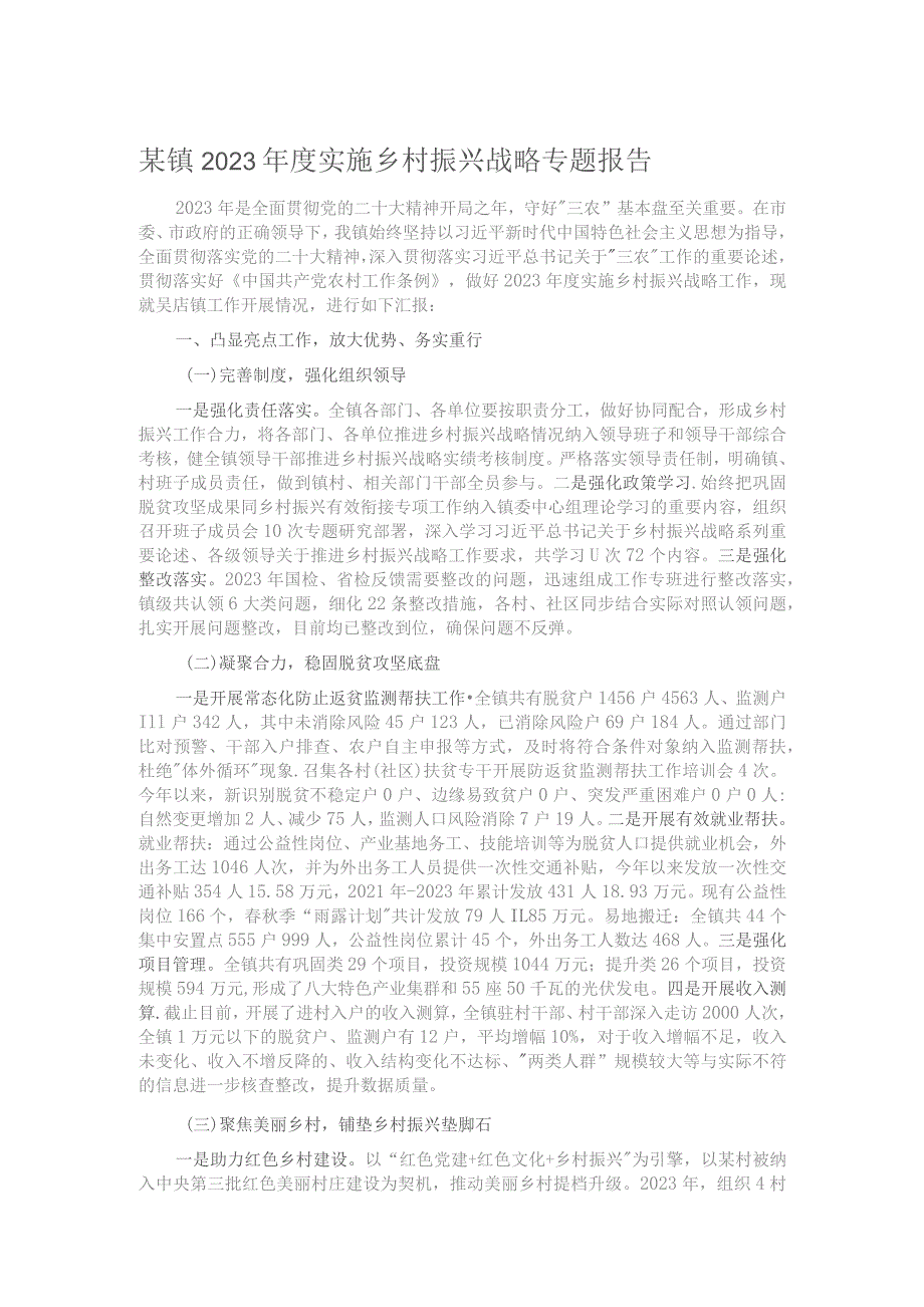 某镇2023年度实施乡村振兴战略专题报告 .docx