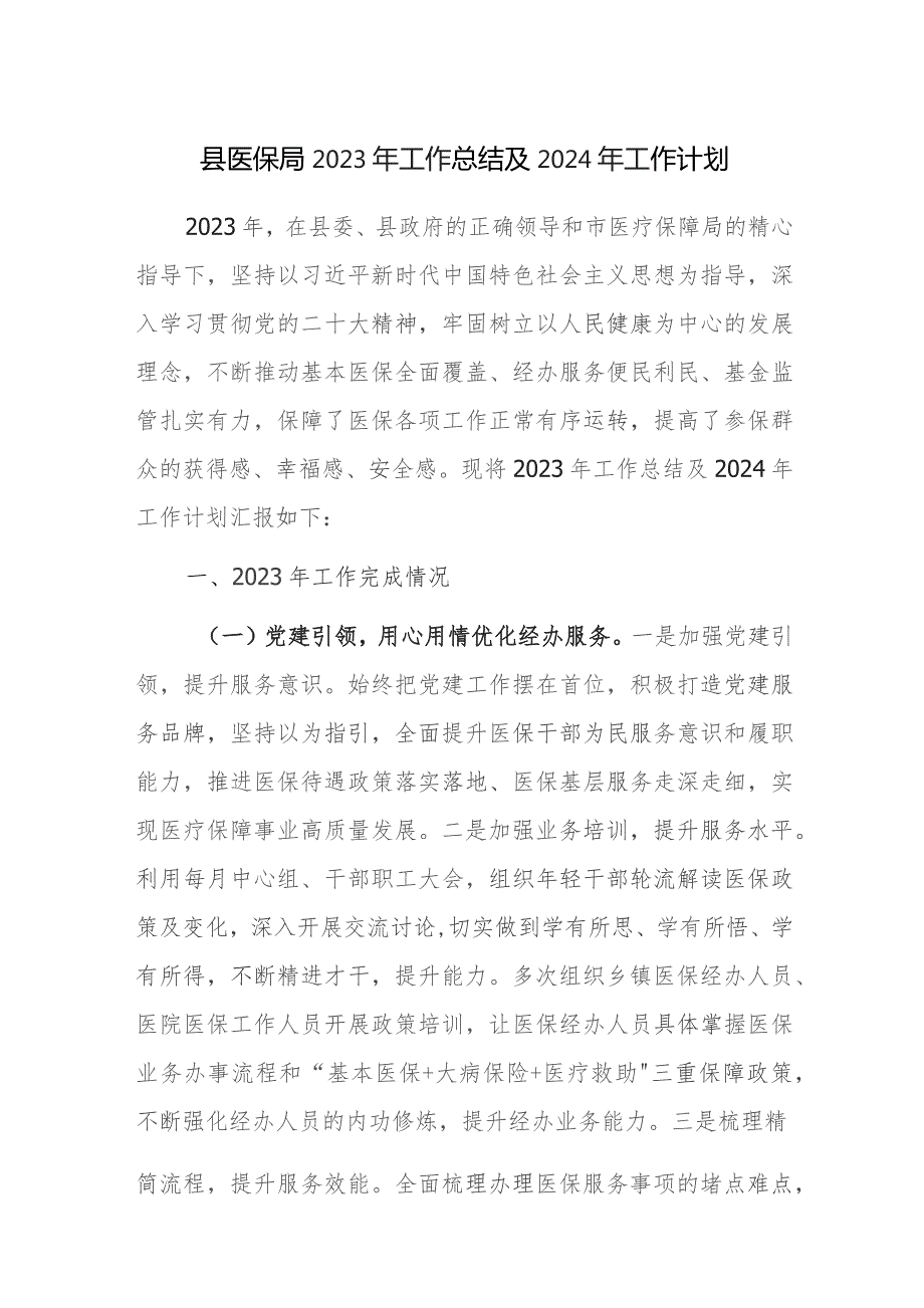 县医保局2023年工作总结及2024年工作计划参考范文.docx_第1页