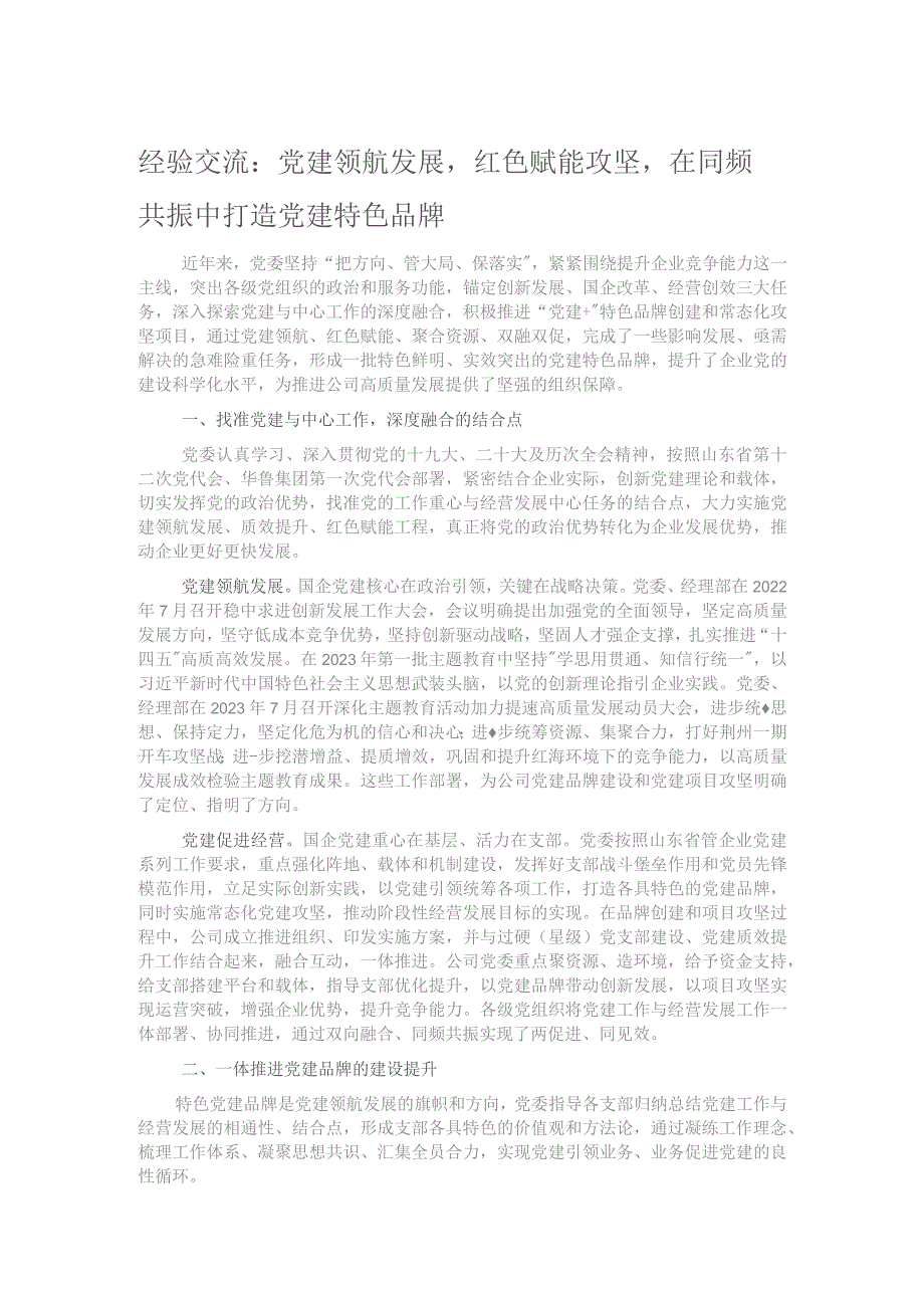 经验交流：党建领航发展 红色赋能攻坚 在同频共振中打造党建特色品牌.docx_第1页