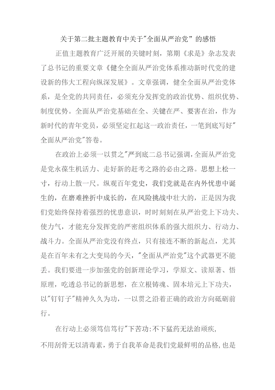 关于第二批主题教育中关于“全面从严治党”的感悟.docx_第1页