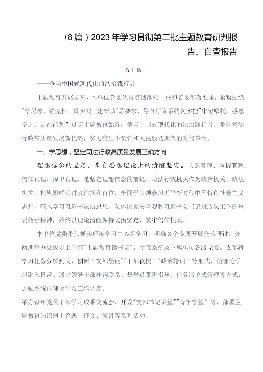 （八篇）2023年深入学习贯彻第二阶段集中教育工作汇报含自查报告.docx_第1页