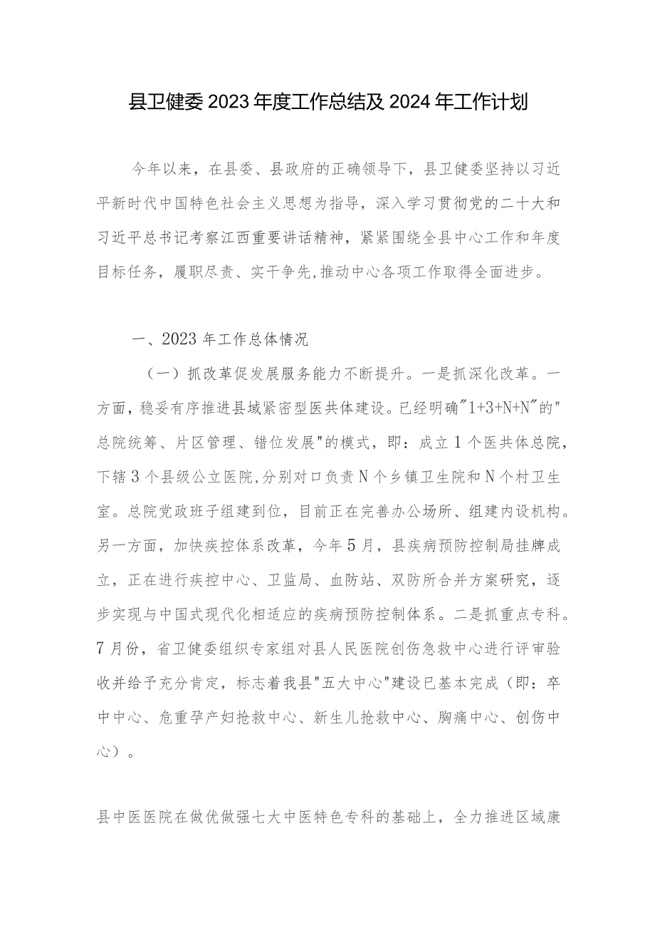 某县卫健委2023-2024年度工作总结及下一年工作计划思路安排.docx