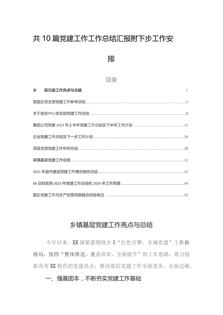 共10篇党建工作工作总结汇报附下步工作安排.docx_第1页