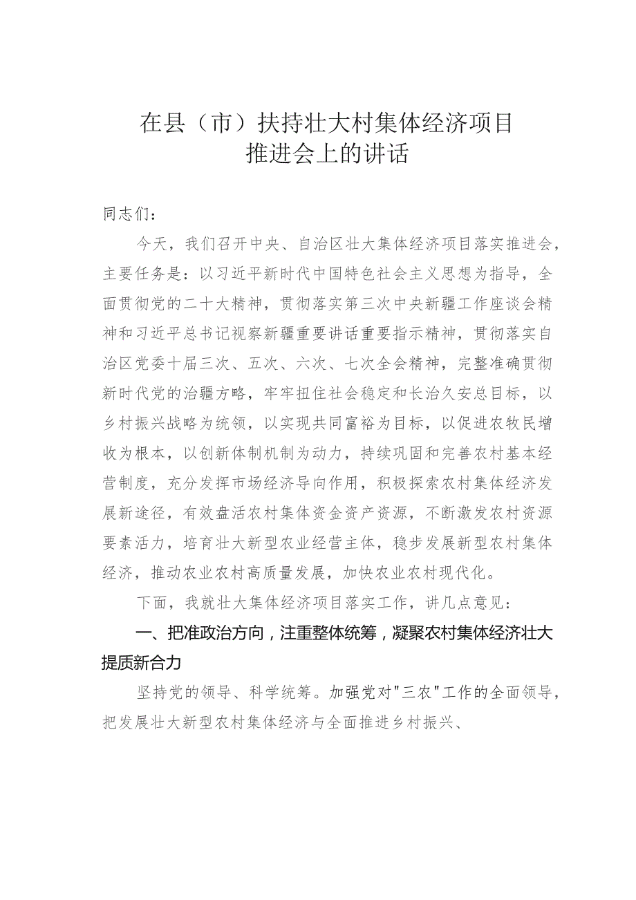 在县（市）扶持壮大村集体经济项目推进会上的讲话.docx_第1页