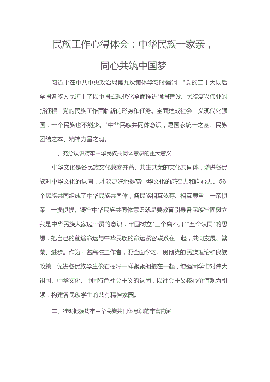 民族工作心得体会：中华民族一家亲同心共筑中国梦.docx_第1页