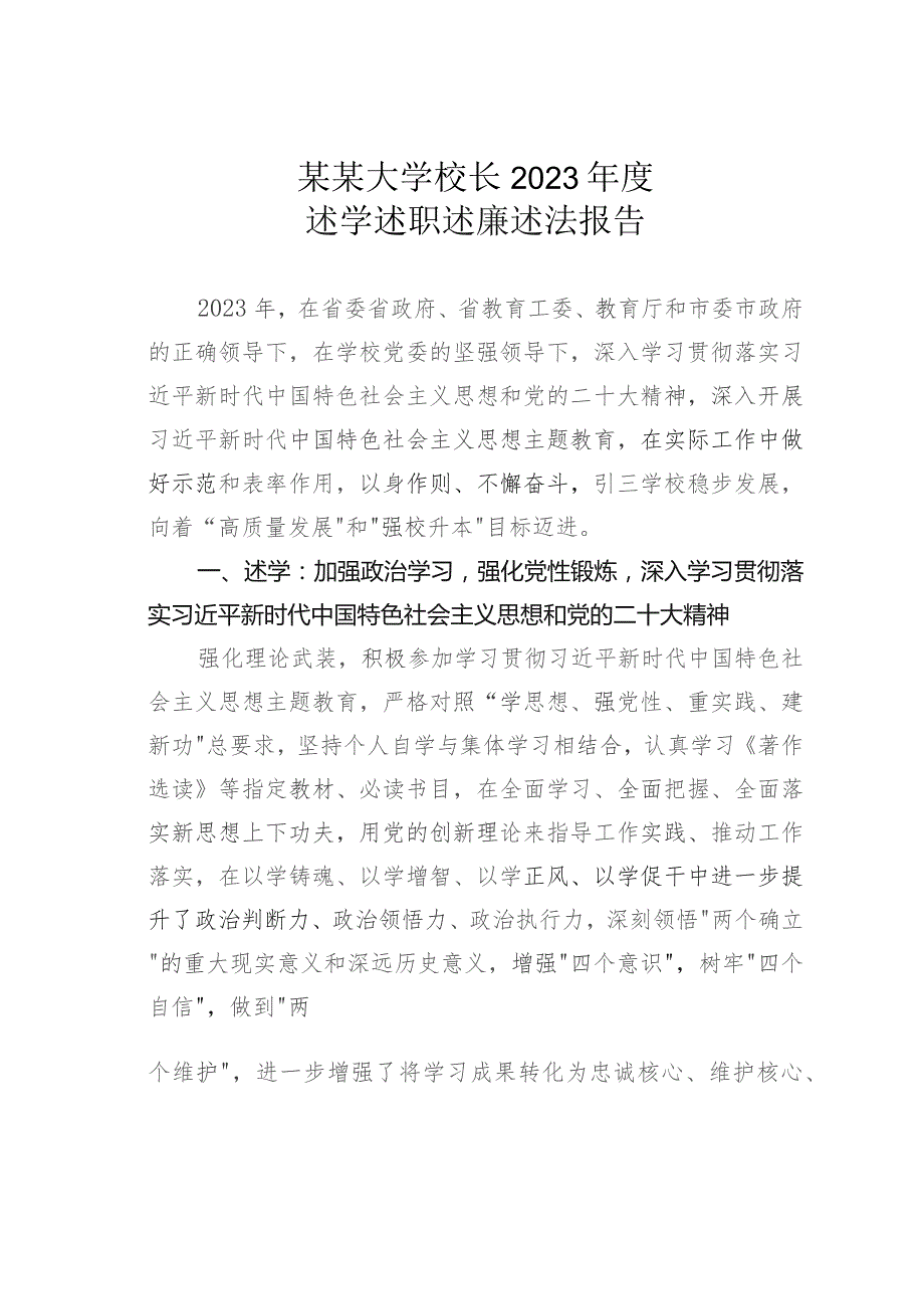 某某大学校长2023年度述学述职述廉述法报告.docx