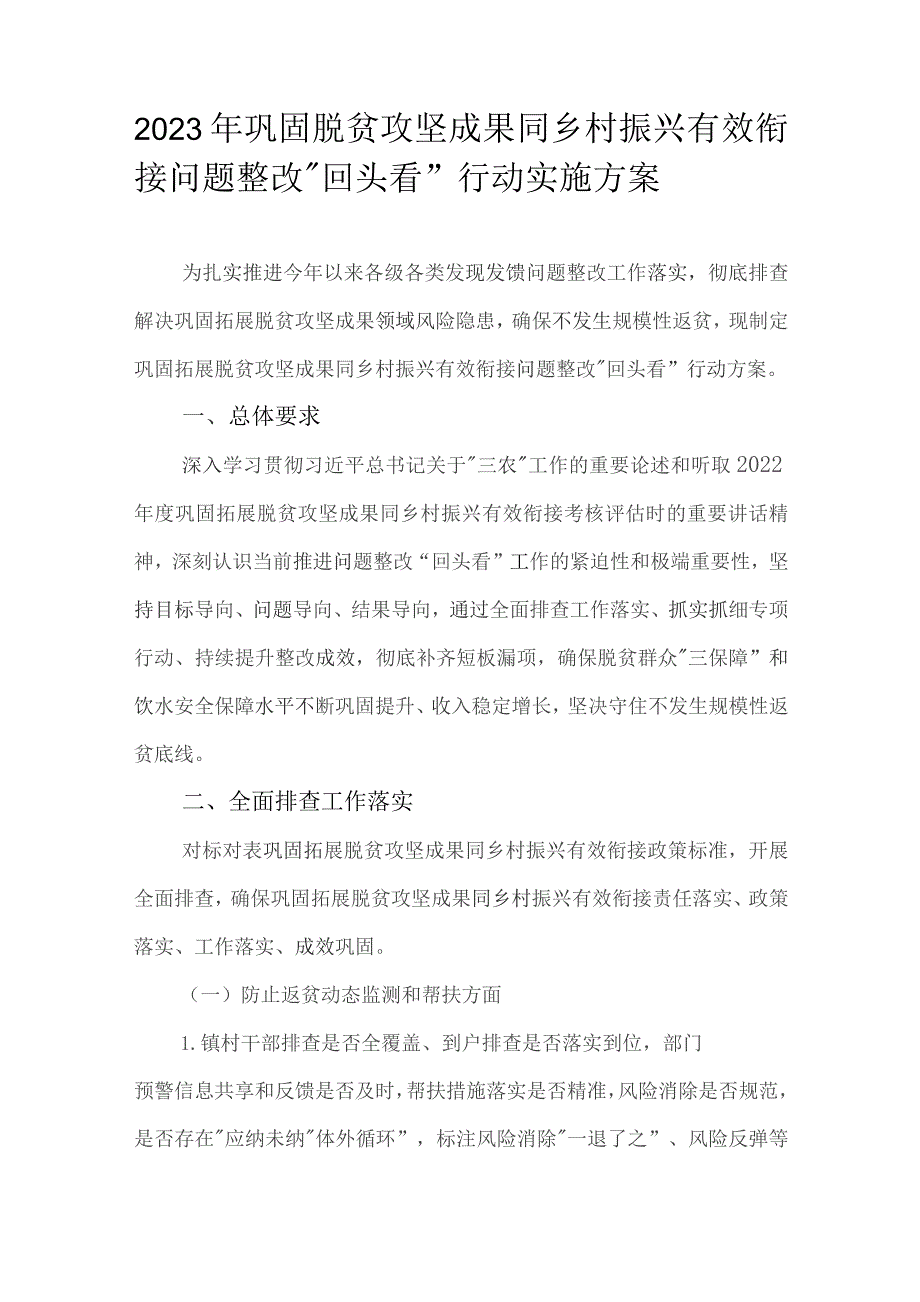 2023年巩固脱贫攻坚成果同乡村振兴有效衔接问题整改“回头看”行动实施方案.docx_第1页