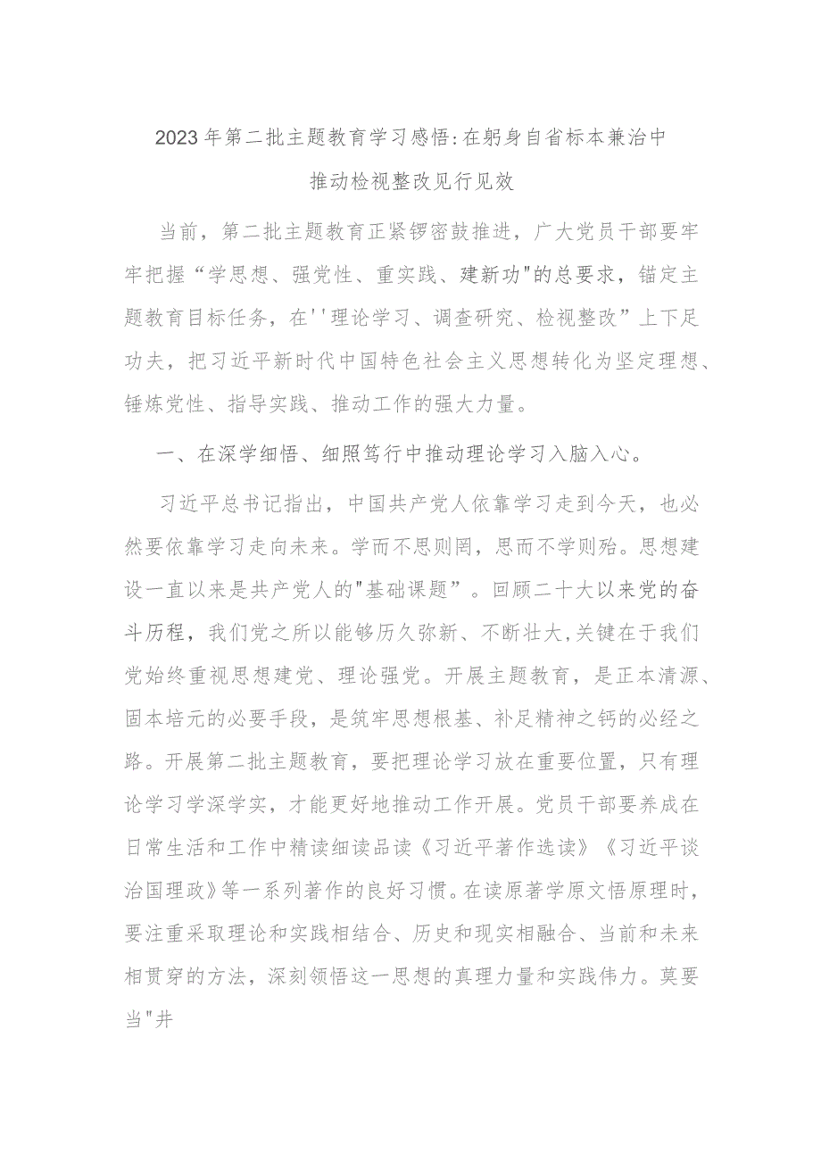 2023年第二批主题教育学习感悟在躬身自省 标本兼治中推动检视整改见行见效.docx_第1页