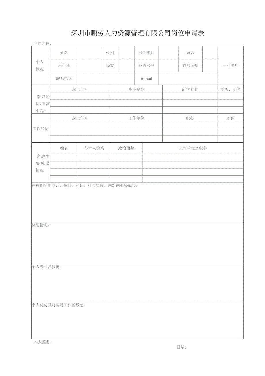 深圳市鹏劳人力资源管理有限公司岗位申请表.docx