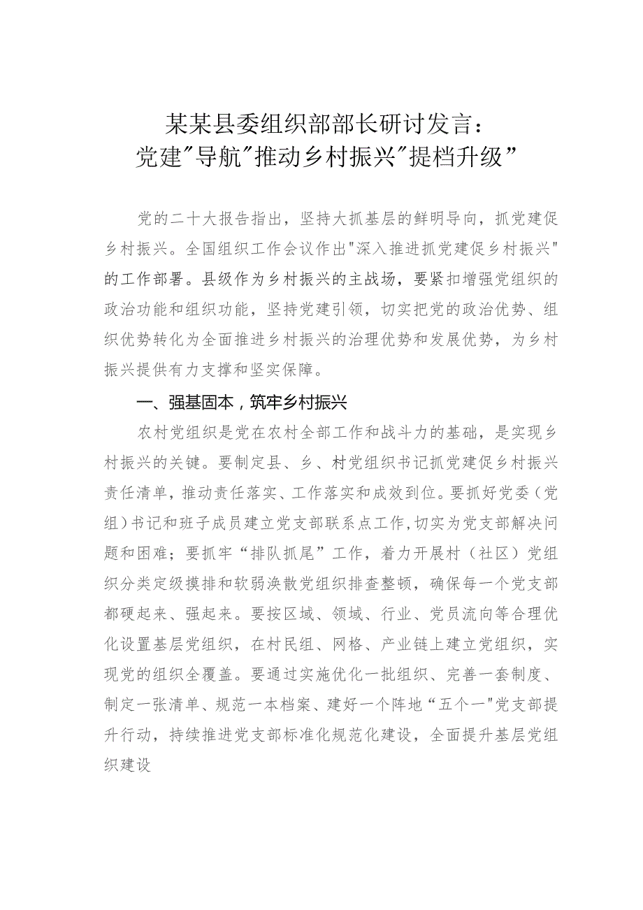 某某县委组织部部长研讨发言：党建“导航”推动乡村振兴“提档升级”.docx_第1页