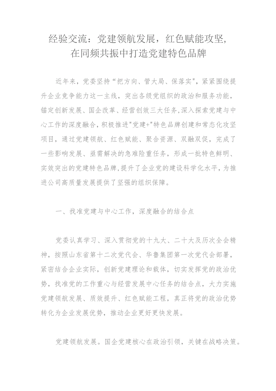 经验交流：党建领航发展红色赋能攻坚在同频共振中打造党建特色品牌.docx_第1页