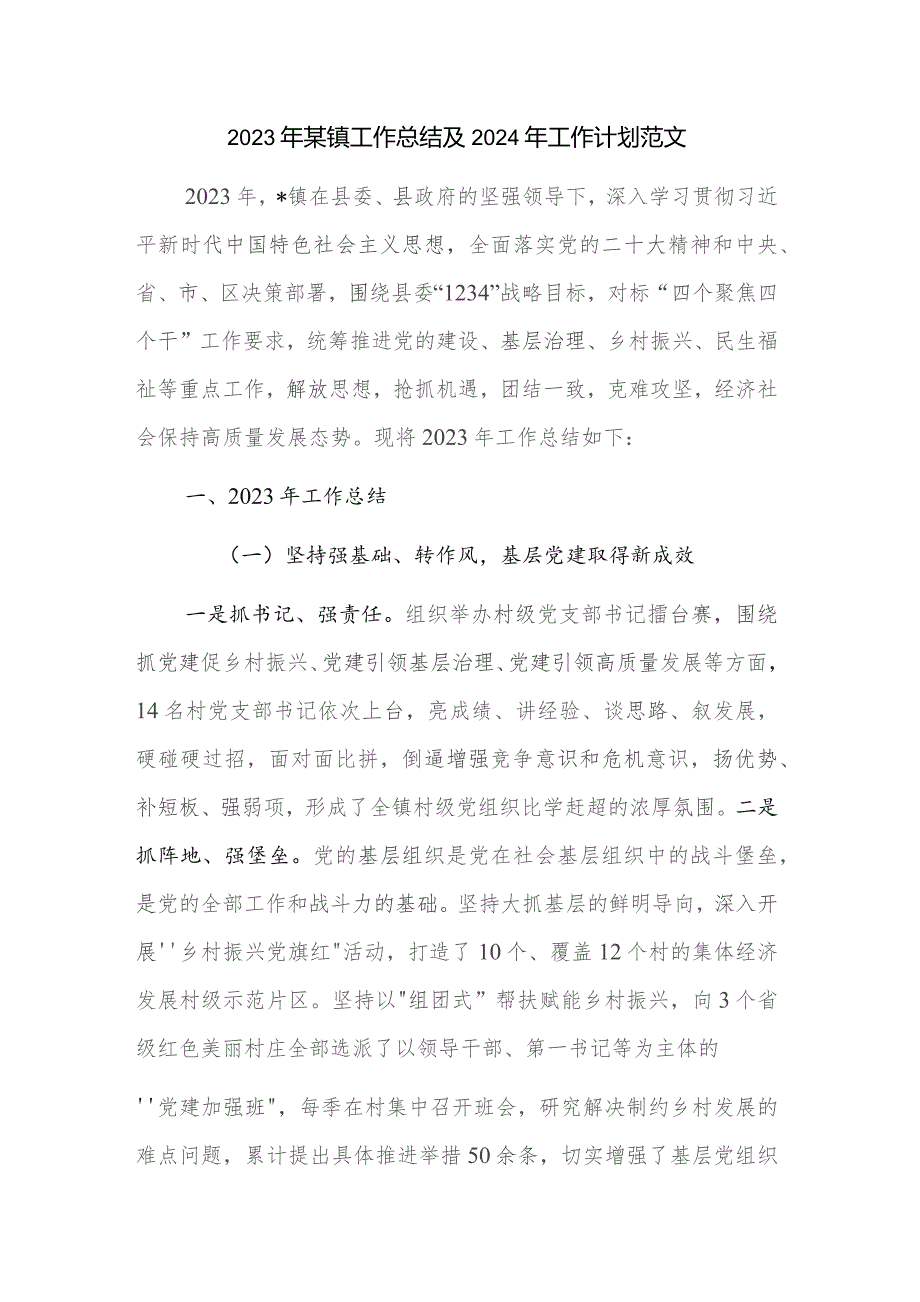 2023年某镇工作总结及2024年工作计划范文.docx_第1页