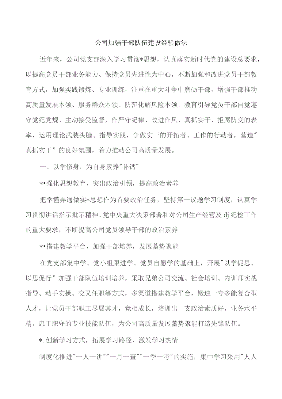 公司加强干部队伍建设经验做法.docx_第1页