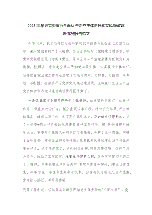 2023年某县党委履行全面从严治党主体责任和党风廉政建设情况报告范文.docx