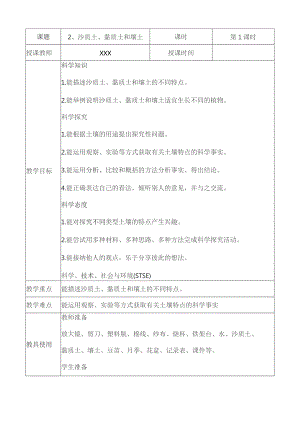 (新)冀教版科学四年级下册第二课-沙质土黏土和壤土(表格式)教学设计.docx