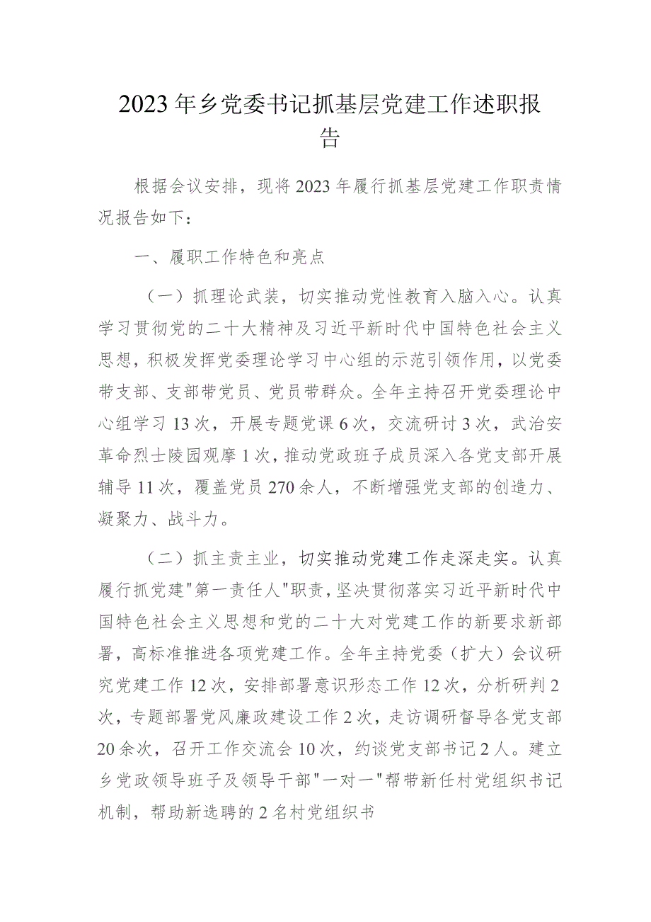 2023年乡党委书记抓基层党建工作述职报告.docx_第1页