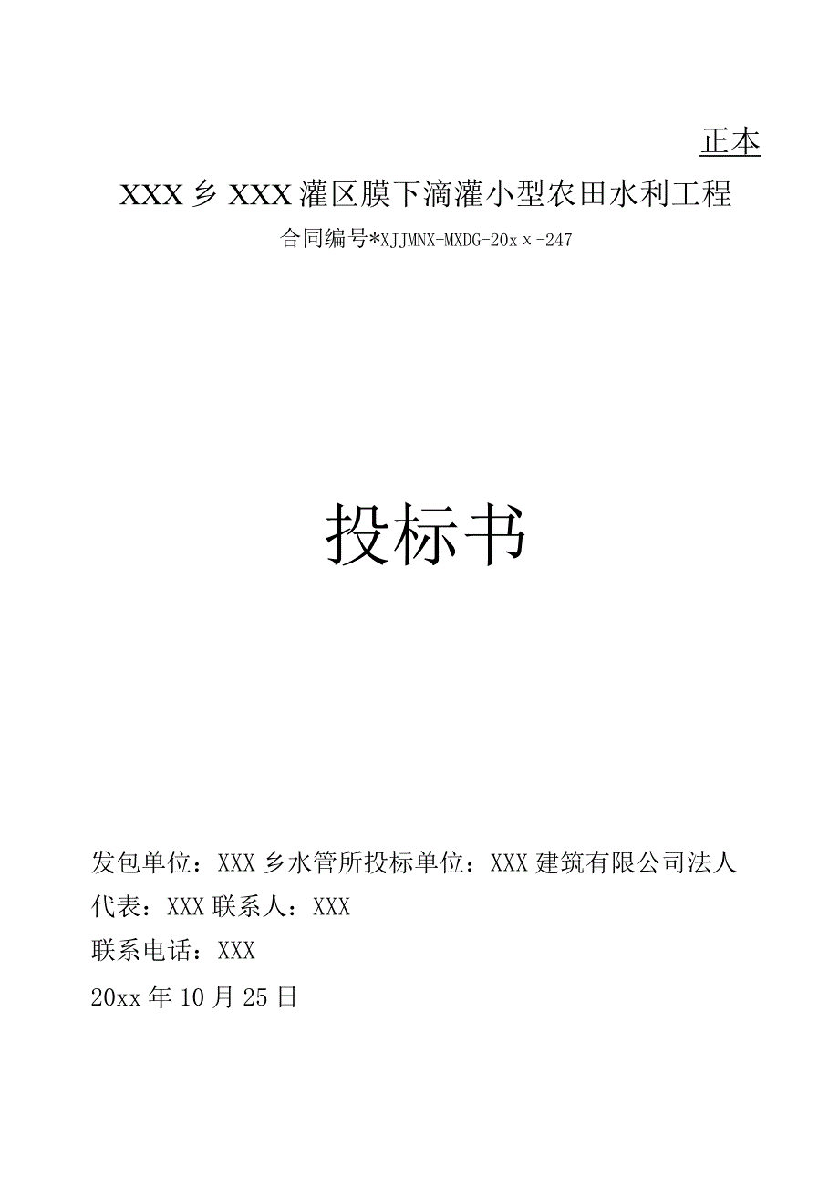 XXX乡XXX灌区膜下滴灌小型农田水利工程投标书.docx_第1页