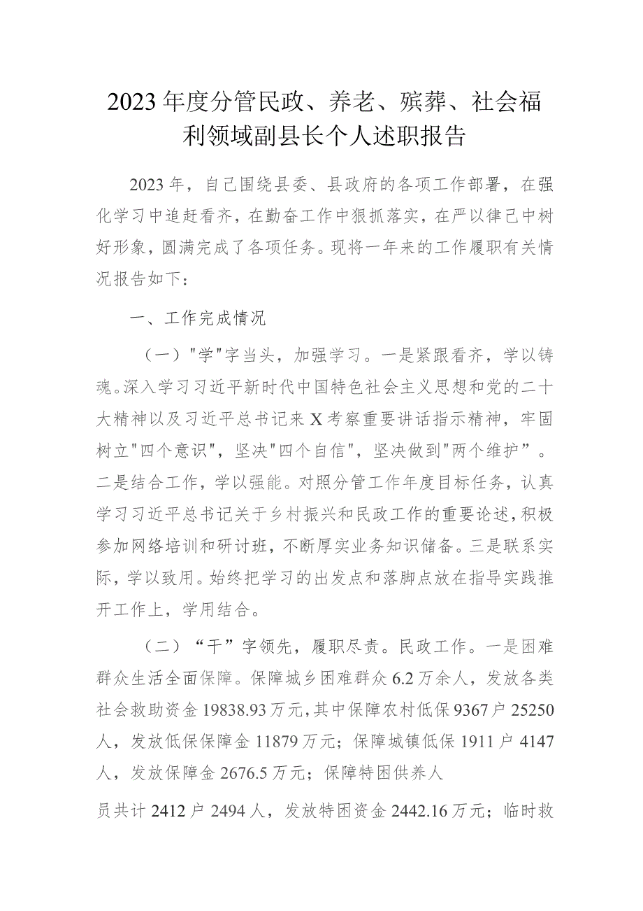 2023年度分管民政、养老、殡葬、社会福利领域副县长个人述职报告.docx_第1页