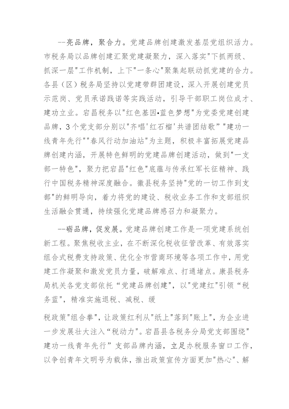 举特色旗走品牌路创新推动基层党建高质量发展——税务局党支部党建品牌创建做法与成效经验交流发言材料.docx_第2页