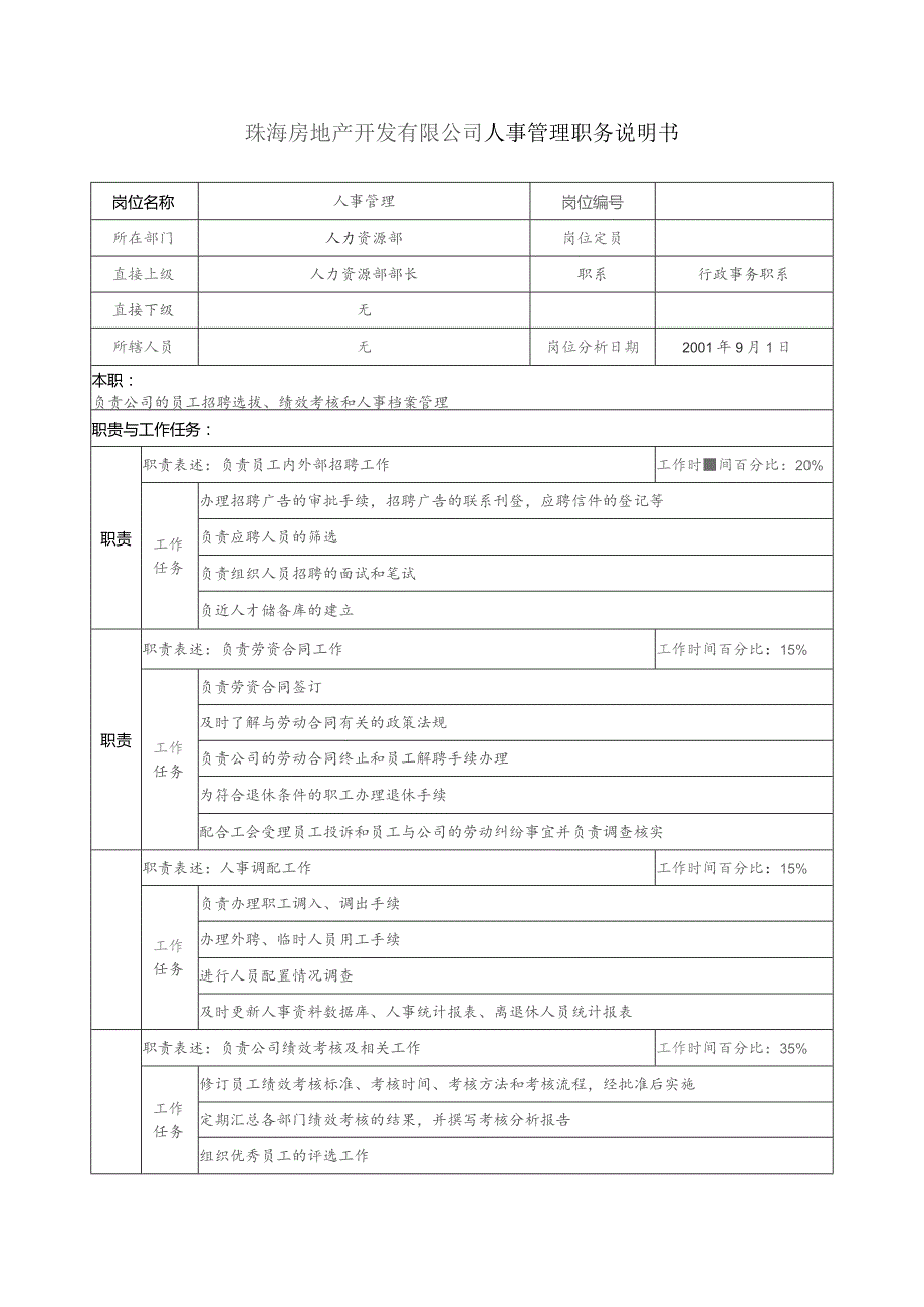 珠海房地产开发有限公司人事管理职务说明书.docx_第1页