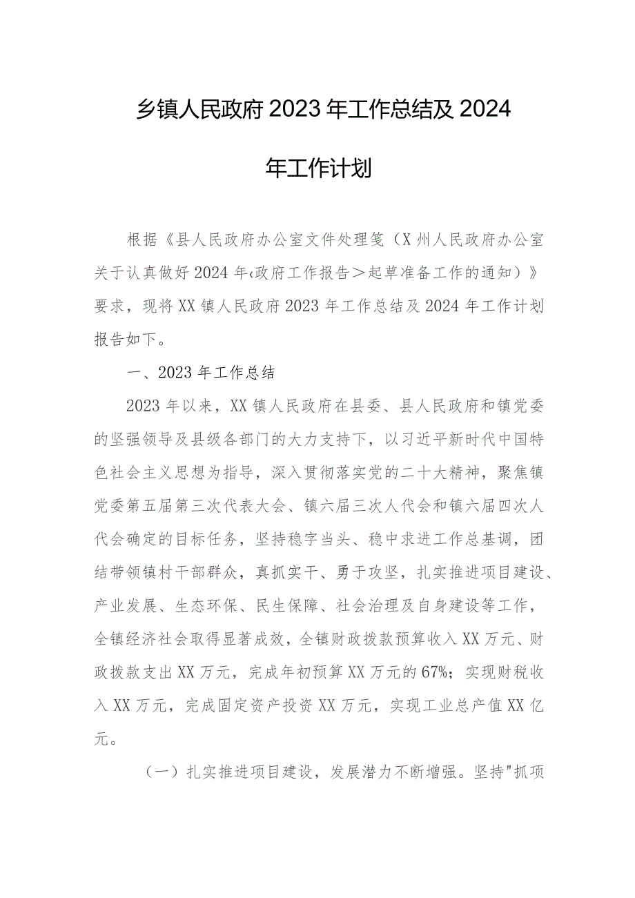 乡镇人民政府2023年工作总结及2024年工作计划.docx_第1页