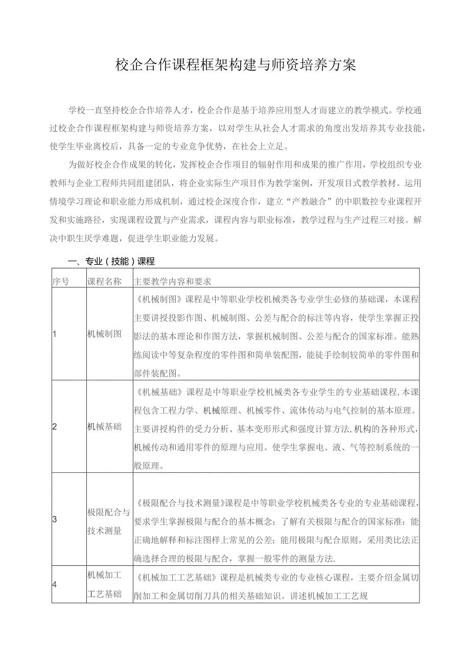 校企合作课程框架构建与师资培养方案.docx_第1页