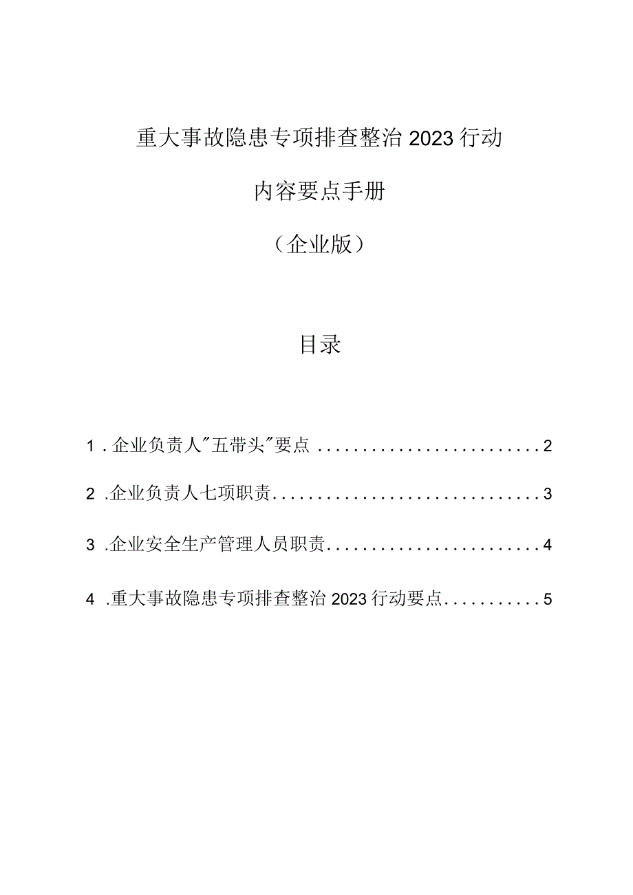 重大事故隐患专项排查整治 2023 行动：企业负责人“五带头”+七项职责+安全管理员职责+行动要点.docx_第1页