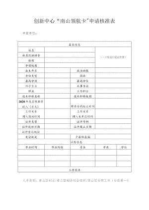 创新中心“南山领航卡”申请核准表.docx