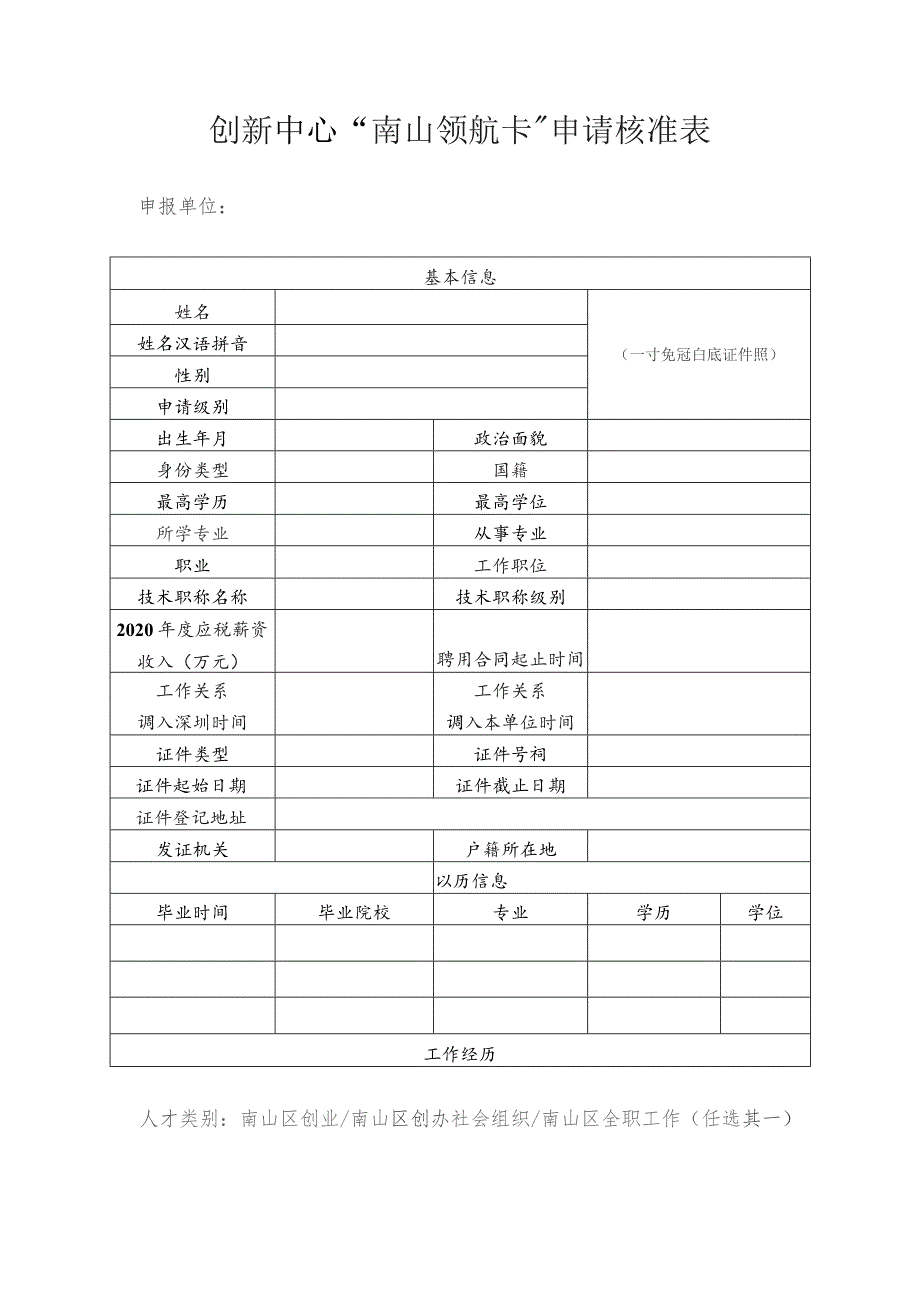 创新中心“南山领航卡”申请核准表.docx_第1页