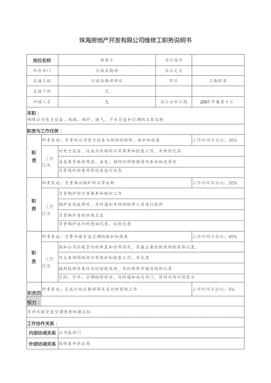 珠海房地产开发有限公司维修工职务说明书.docx_第1页