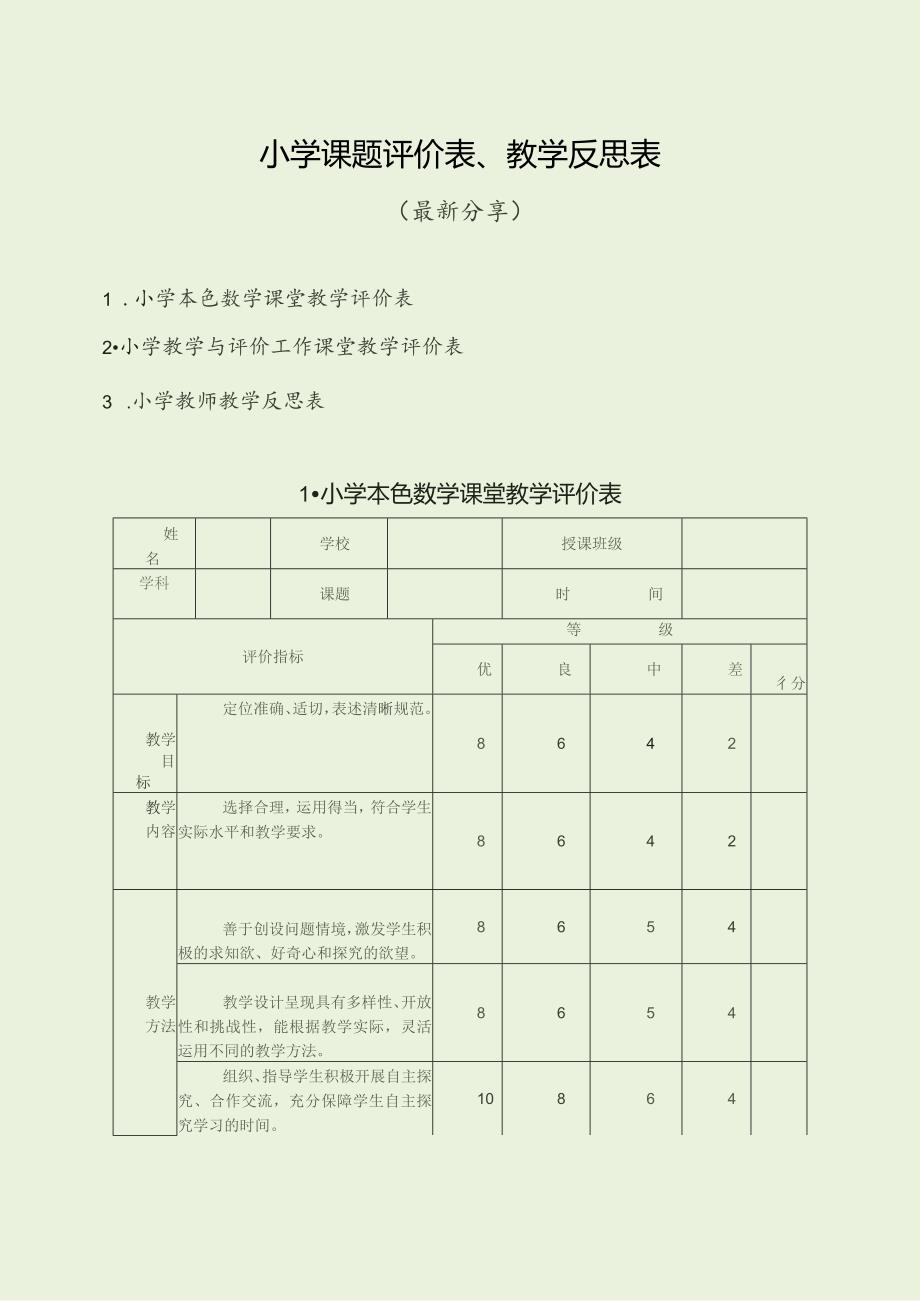 小学课题评价表、教学反思表（最新分享）.docx_第1页