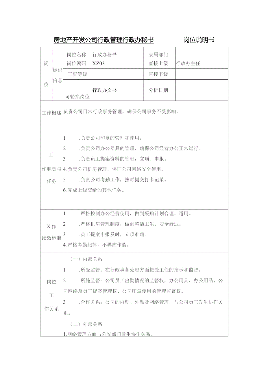 房地产开发公司行政管理行政办秘书岗位说明书.docx_第1页