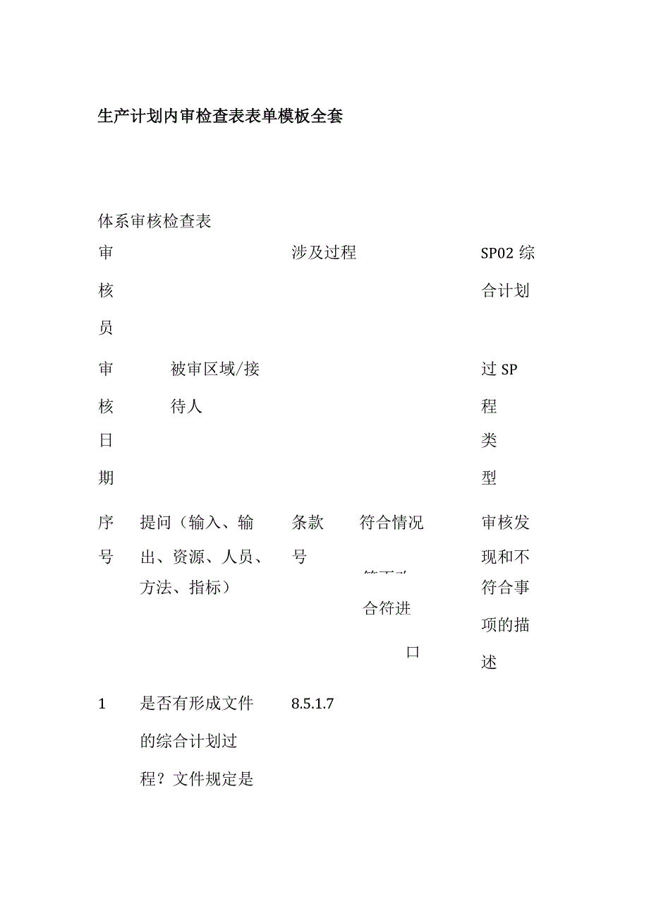 生产计划内审检查表表单模板全套.docx_第1页