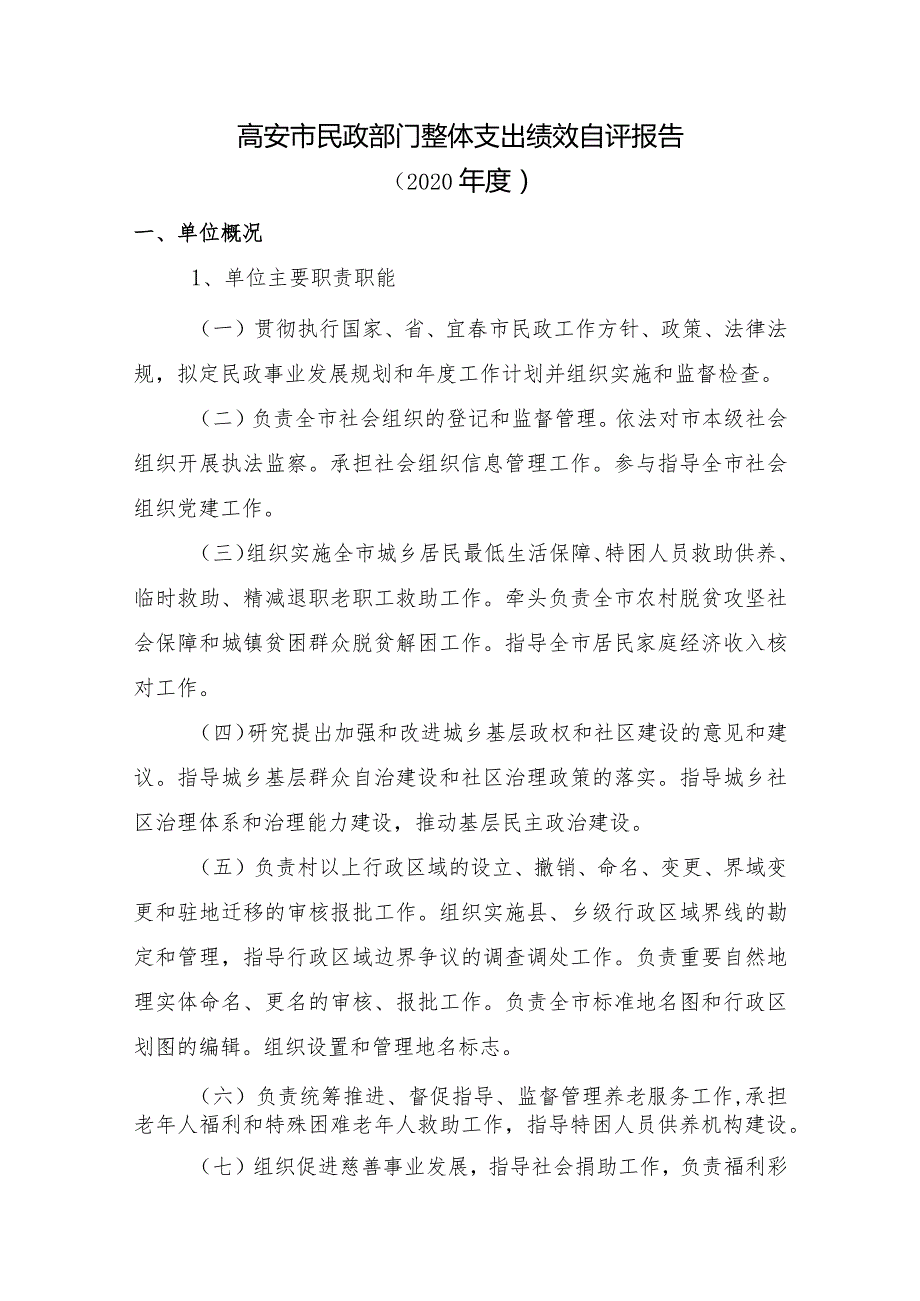 高安市民政部门整体支出绩效自评报告.docx_第1页