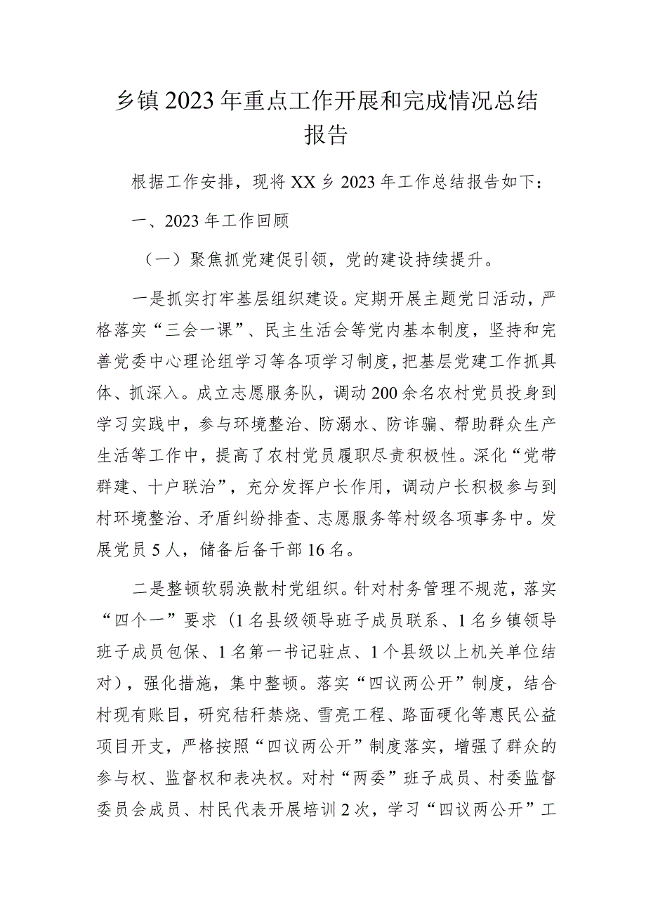 乡镇2023年重点工作开展和完成情况总结报告.docx_第1页