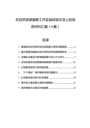 在自然资源督察工作实践经验交流上的发言材料汇编（9篇）.docx