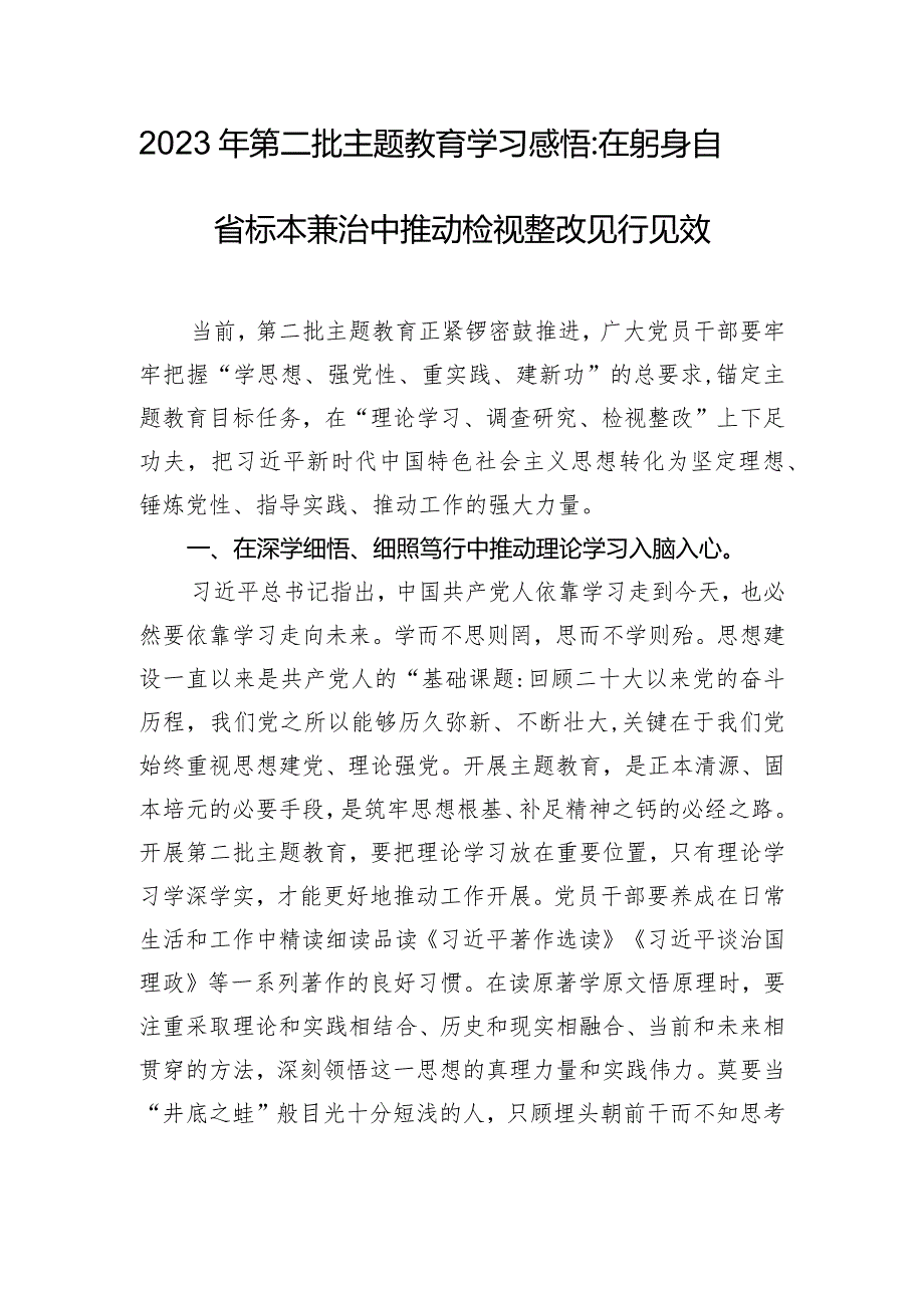 2023年第二批主题教育学习感悟-在躬身自省 标本兼治中推动检视整改见行见效.docx_第1页