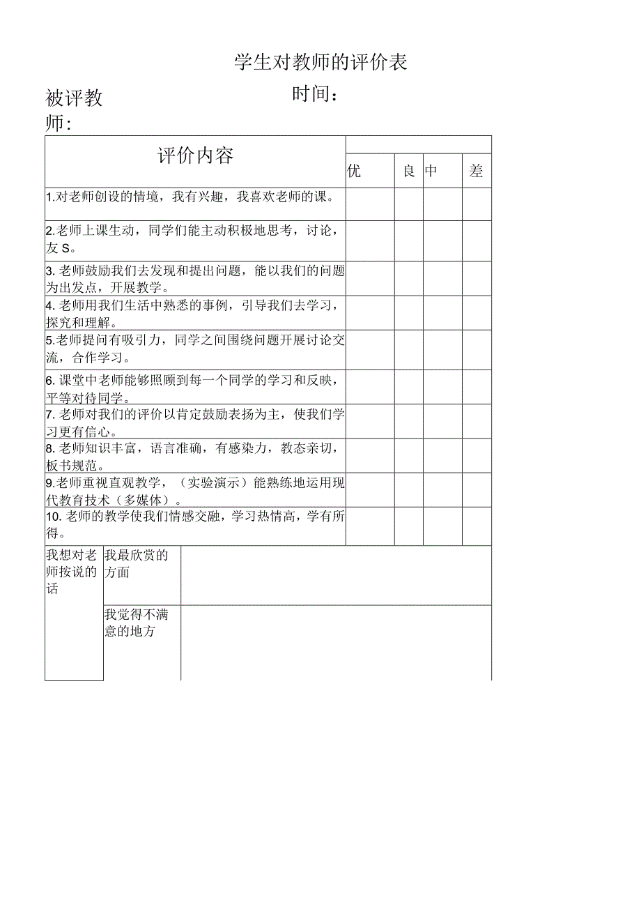 学生对教师的评价表.docx_第1页