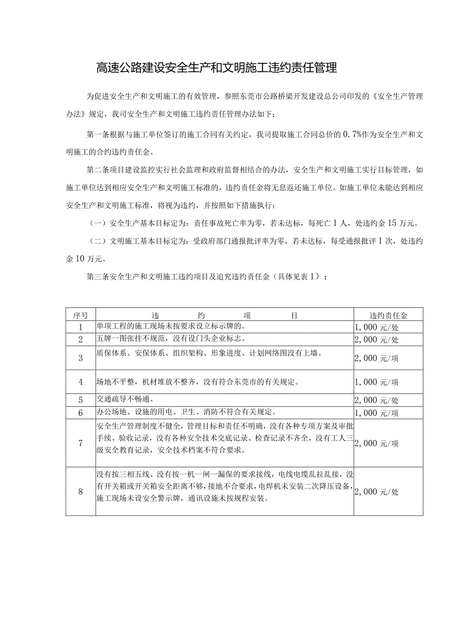 高速公路建设安全生产和文明施工违约责任管理.docx_第1页