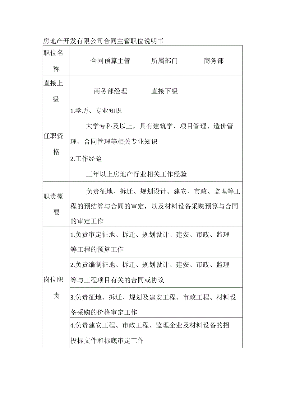 房地产开发有限公司合同主管职位说明书.docx_第1页