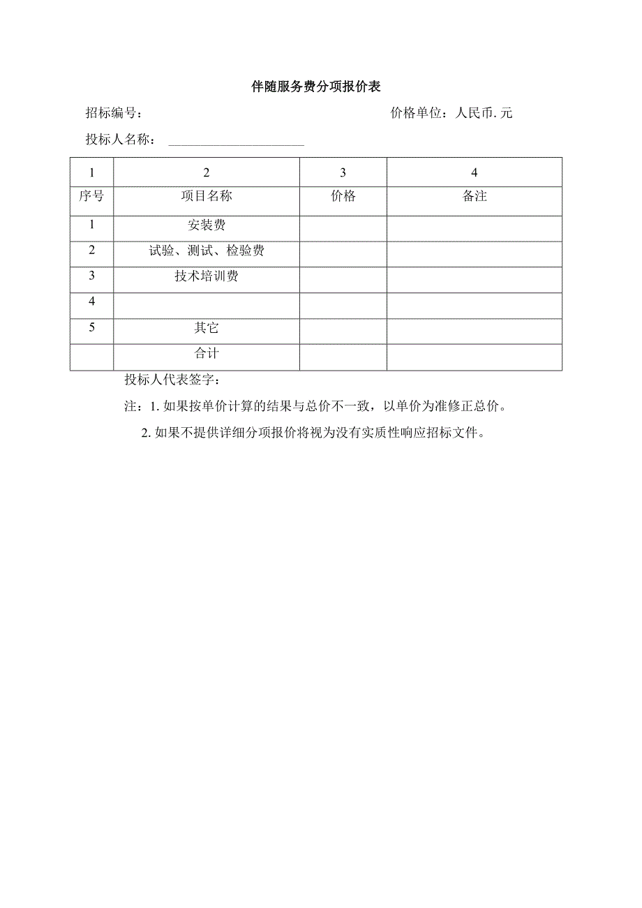 伴随服务费分项报价表（2023年）.docx_第1页