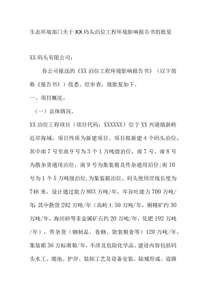 生态环境部门关于XX码头泊位工程环境影响报告书的批复.docx