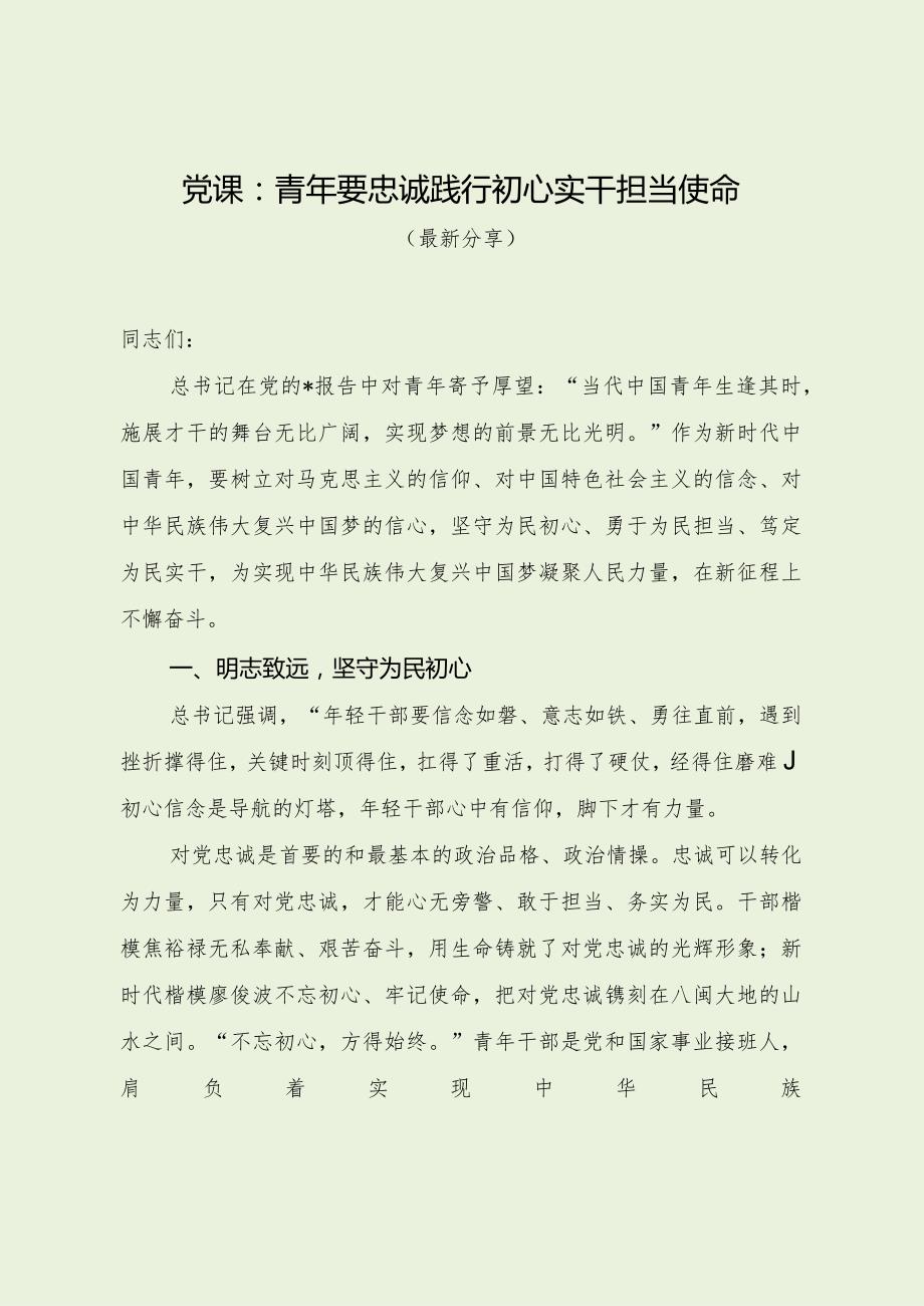 党课：青年要忠诚践行初心 实干担当使命（最新分享）.docx_第1页