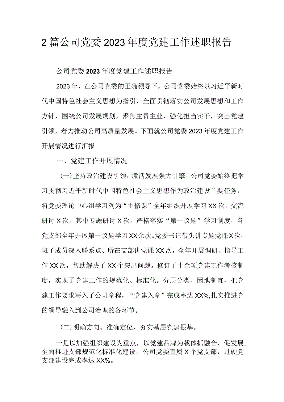 2篇公司党委2023年度党建工作述职报告.docx_第1页