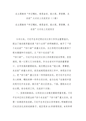 在主题教育“牢记嘱托、感恩奋进、挑大梁勇登攀、走在前”大讨论上交流发言(二篇).docx