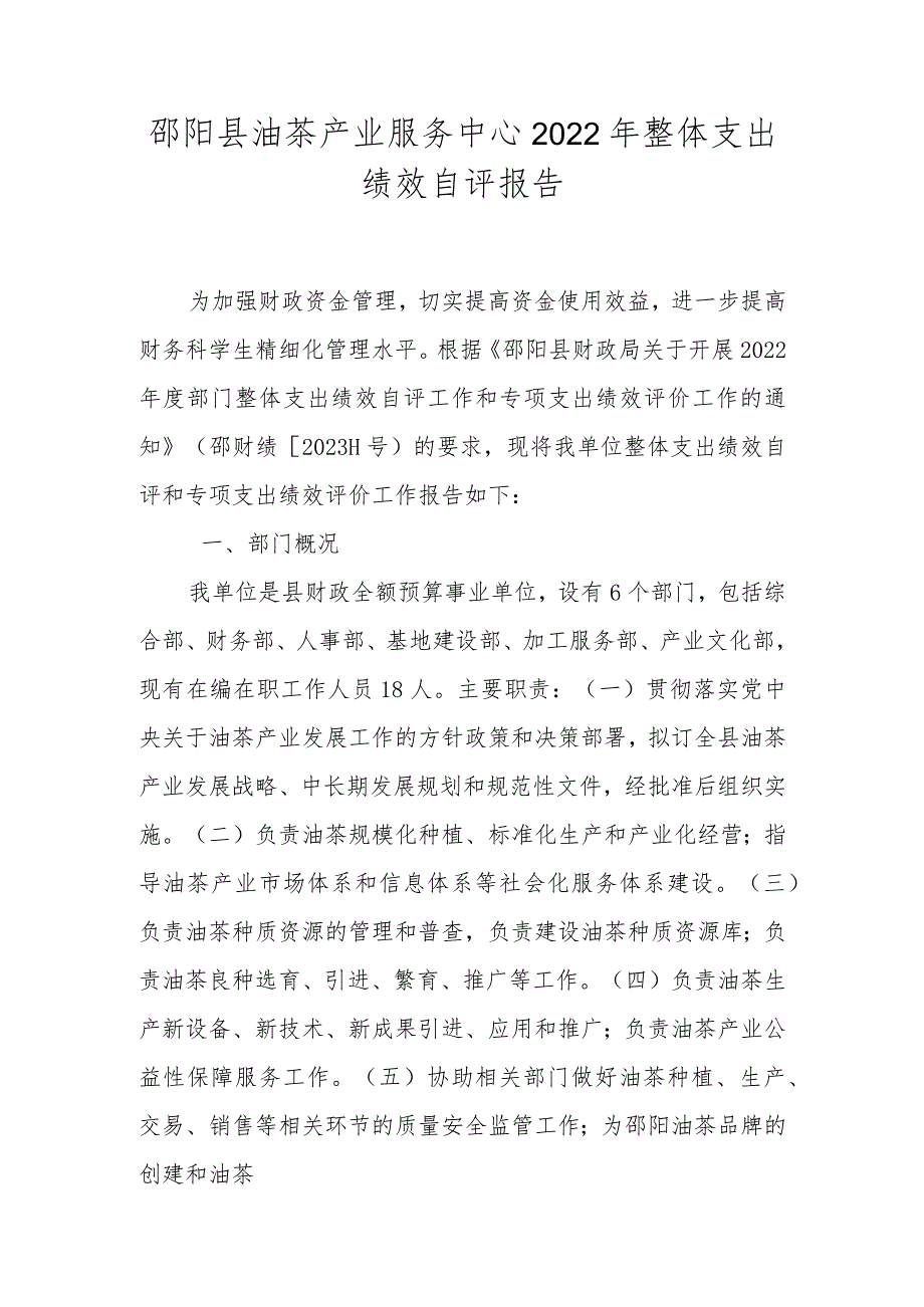 邵阳县油茶产业服务中心2022年整体支出绩效自评报告.docx_第1页