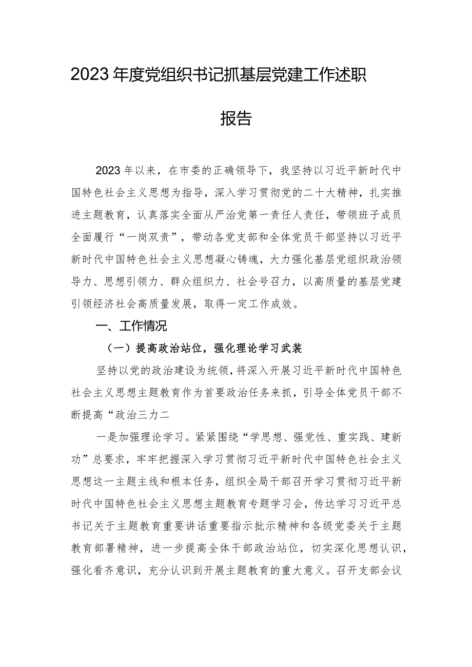 2023年度党组织书记抓基层党建工作述职报告.docx_第1页