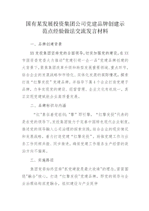 某发展投资集团公司党建品牌创建示范点经验做法交流发言材料.docx