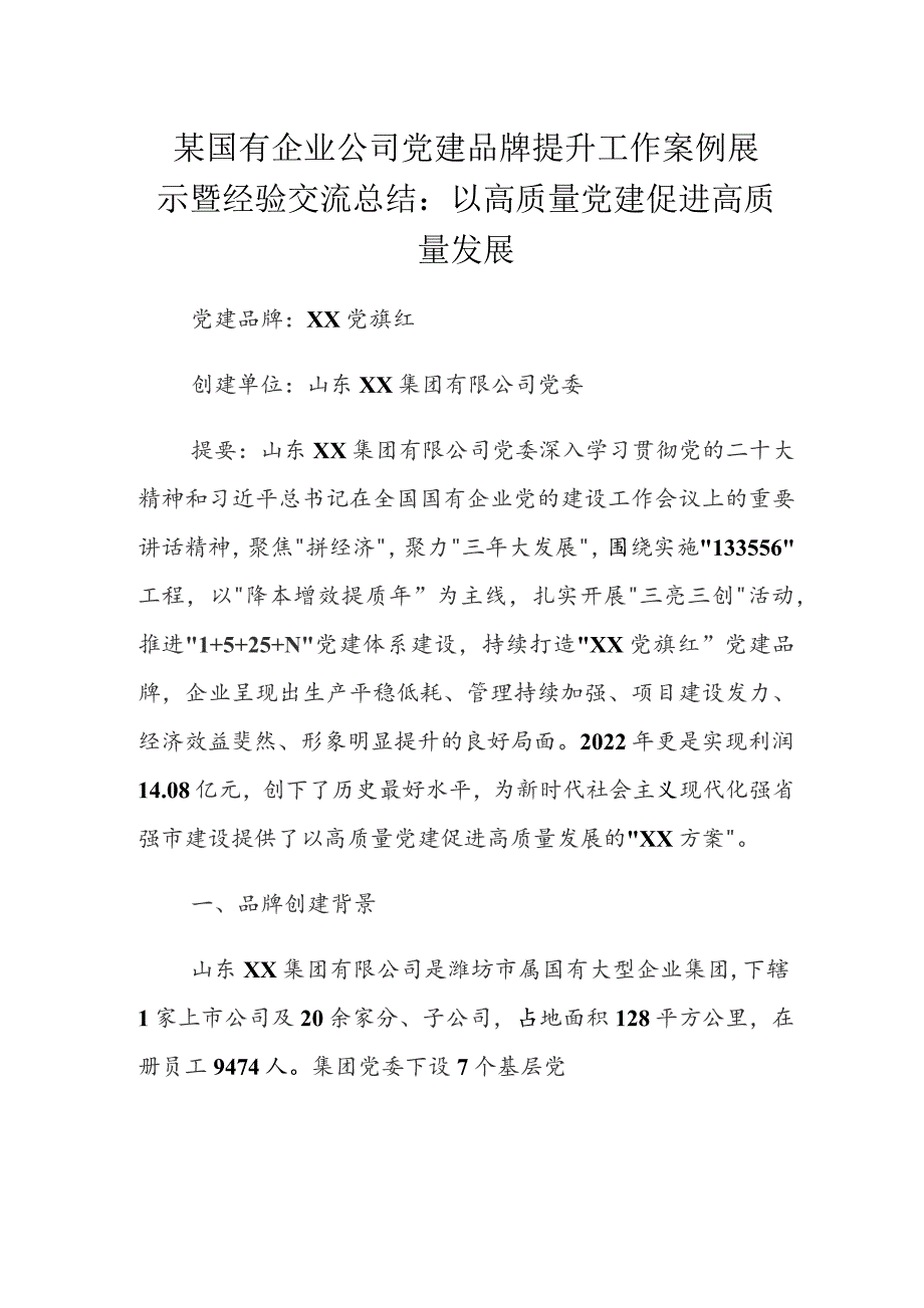 某国有企业公司党建品牌提升工作案例展示暨经验交流总结：以高质量党建促进高质量发展.docx_第1页