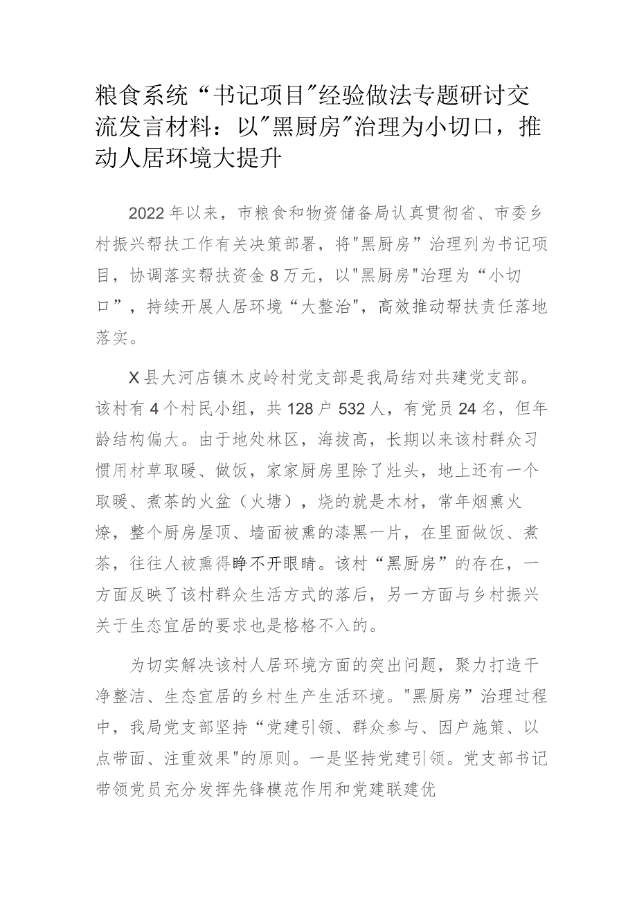 粮食系统党支部书记项目经验做法专题研讨交流发言材料：以“黑厨房”治理为小切口推动人居环境大提升.docx_第1页